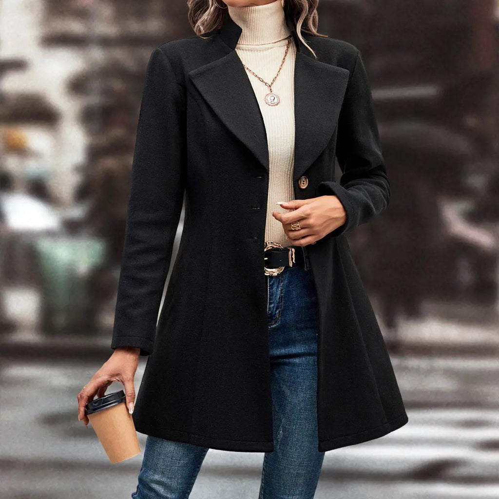 Women Clothing Fall Winter Lapels Slim Fit Wool Solid Color Coat