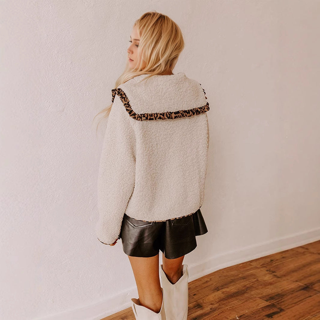 Autumn Winter Leopard Splicing Doll Collar Lace up Single Row Multi Buckle Design Lamb Plush Coat Women