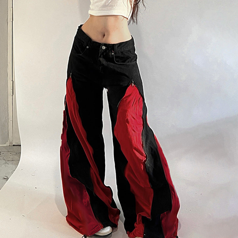 Sexy Street Heavy Industry Stitching Contrast Color Personal Casual Trousers Street Dance Loose Wide Leg Overalls