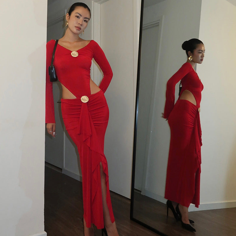 Graceful Women Metal Decorative Long Sleeved Jumpsuit Split Skirt Long Skirt Hollow Out Cutout out Cropped Two Piece Set