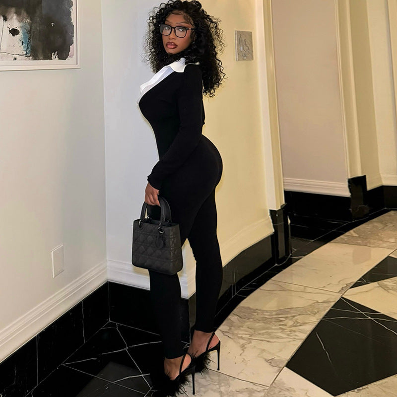 Elegant Women Clothing Sexy Tight Slimming Long Jumpsuit Long Sleeve Zipper White U Shaped Collar Jumpsuit