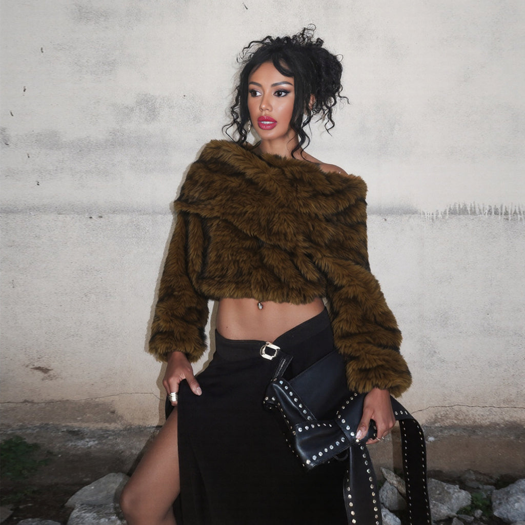 Fall Women Clothing Sexy Exposed Cropped off Shoulder Loose Comfortable Plush Top