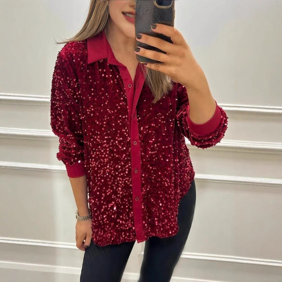 Autumn Winter Long Sleeve Loose Casual Sequin Shirt