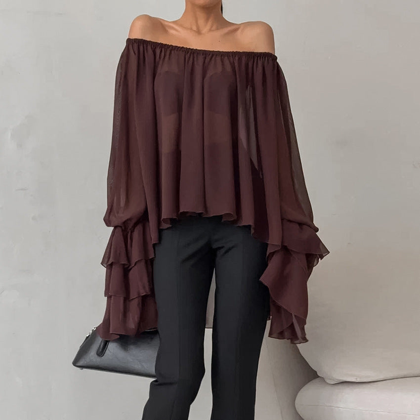 Fall Winter Retro Elegant Boat Neck Brown Chiffon Loose Sexy off the Shoulder Top Ruffled Shirt