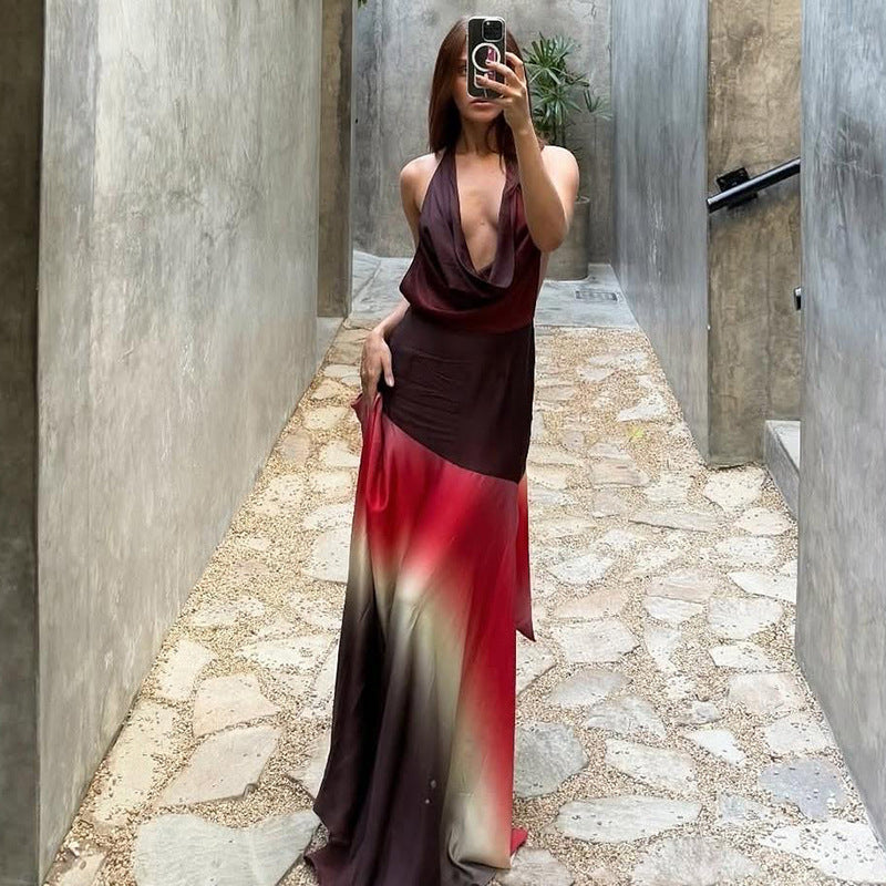 Women Clothing Spring Summer Color Contrast Printed Sexy Pile Collar Backless Dress Women