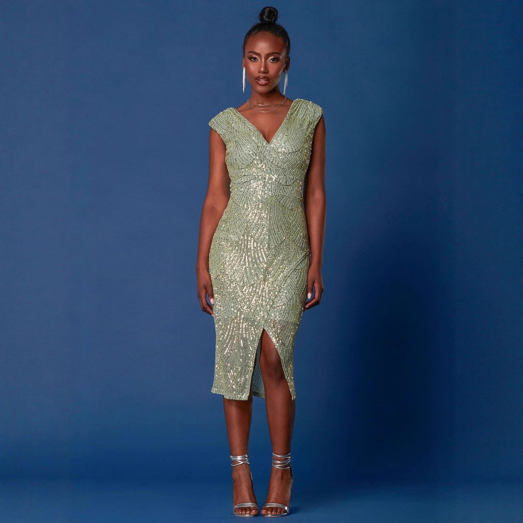 Popular V neck Dress Women Midi Dress Slim Fit Split