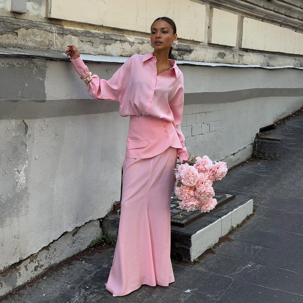 Women Clothing Fall Collared Long Sleeve Shirt Solid Color Waist Seal Skirt Three Piece Set