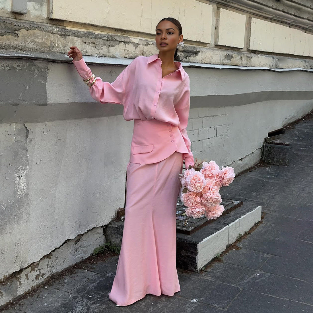 Women Clothing Fall Collared Long Sleeve Shirt Solid Color Waist Seal Skirt Three Piece Set