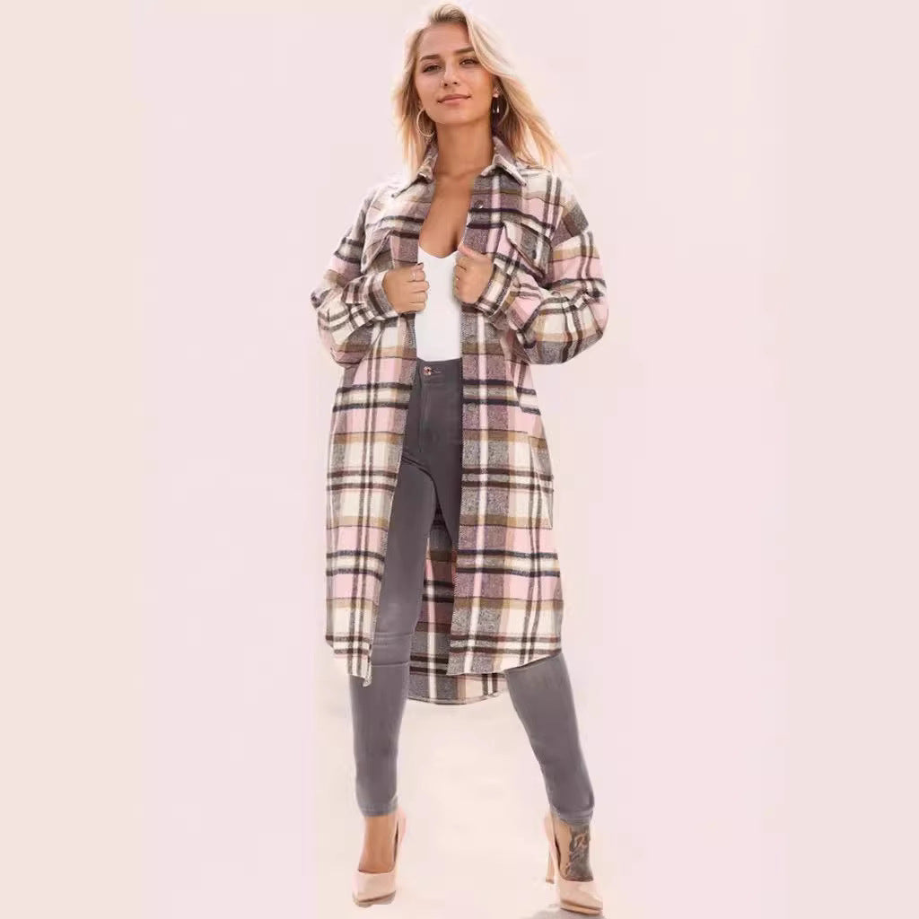 Plaid Printed Jacket Button Women Clothing Trench Coat