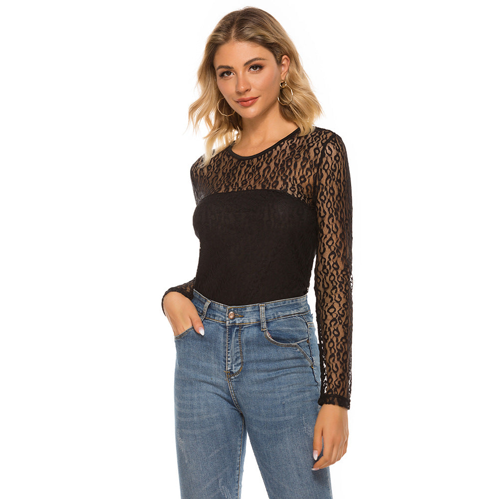 Spring Summer Women Round-Neck Sexy Hollow Out Cutout out Lace Stitching Long Sleeve Casual Bottoming Shirt