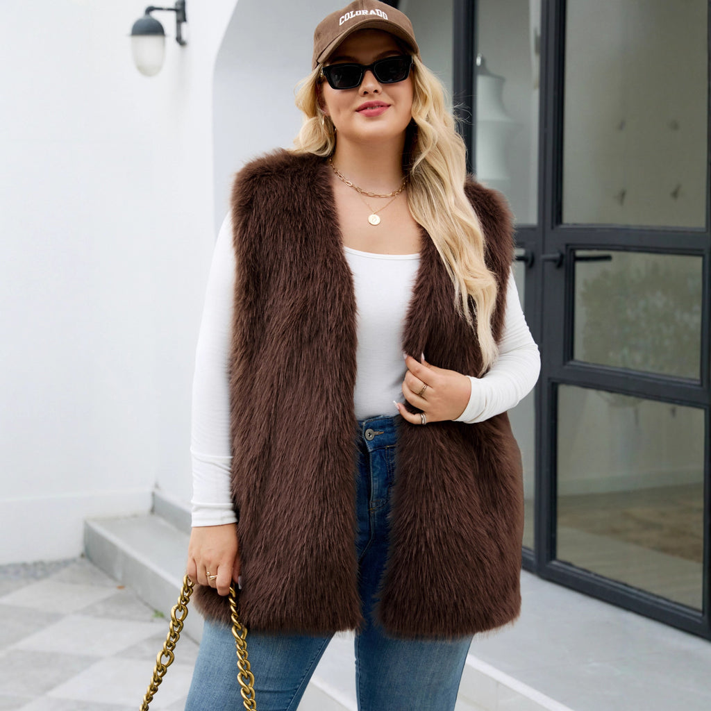 Plus Size Women Clothing Faux Fur V neck Vest Coat Sleeveless Vest
