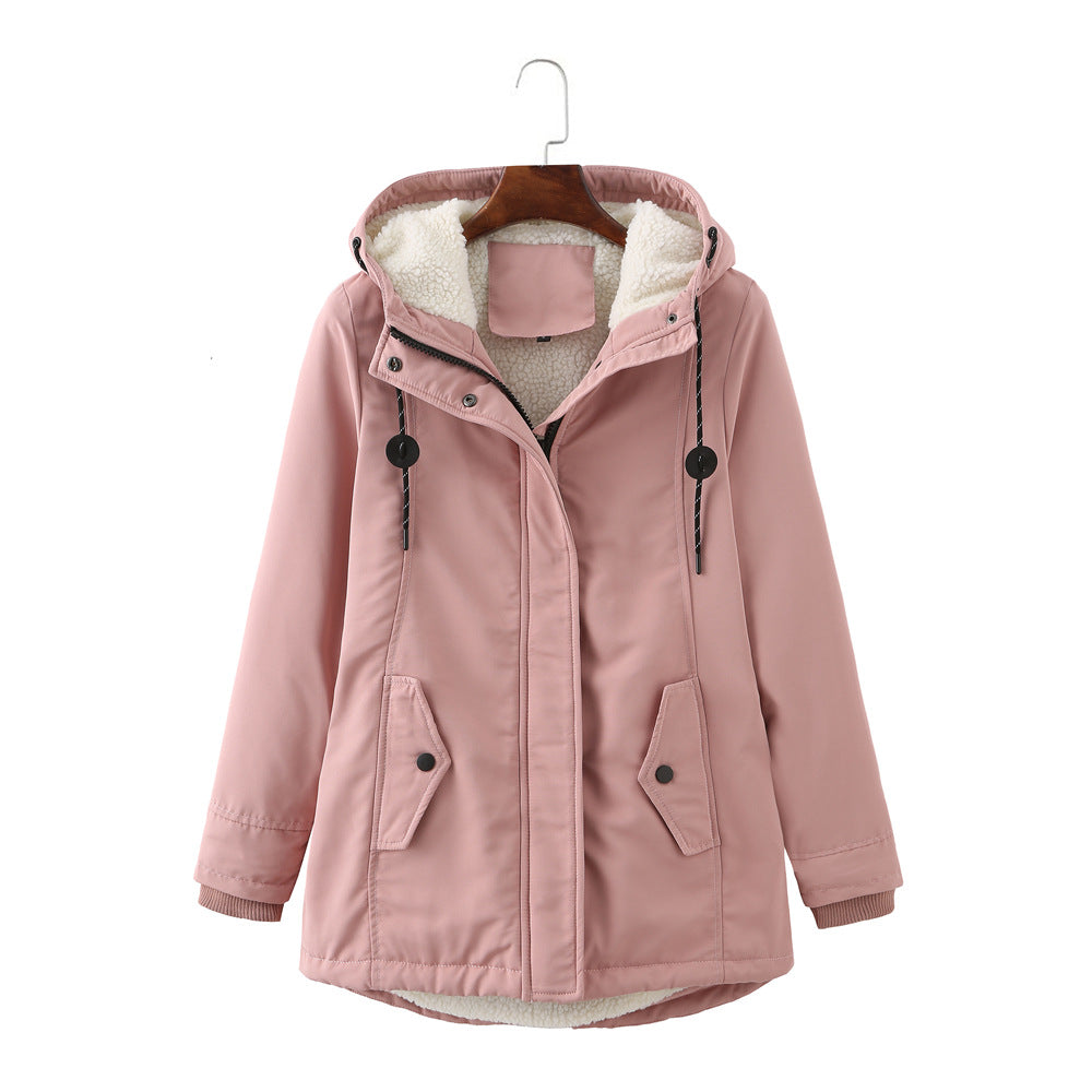 Ladies Hooded Lambswool Parka Winter Warm Waist Women Cotton-Padded Coat