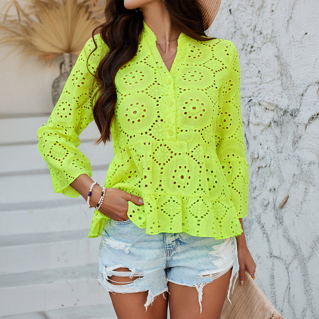 Spring Summer Top Women Casual Vacation Solid Color Hollow Out Cutout out V neck 3/4 Sleeve Shirt
