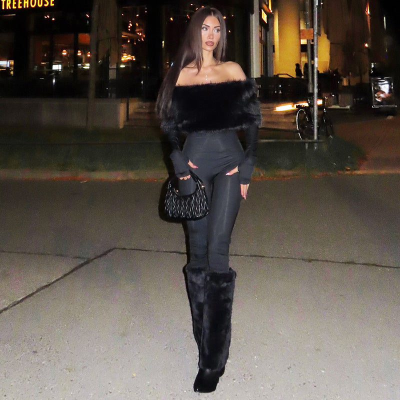 Winter Women Clothing Sexy off the Shoulder Furry Slim Fit Patchwork Jumpsuit Women