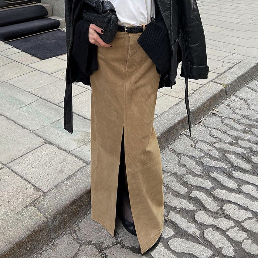 Autumn Classic Knitted Suede Fabric High Waist Slim Fit Straight Skirt Sexy Slit Casual Skirt Women