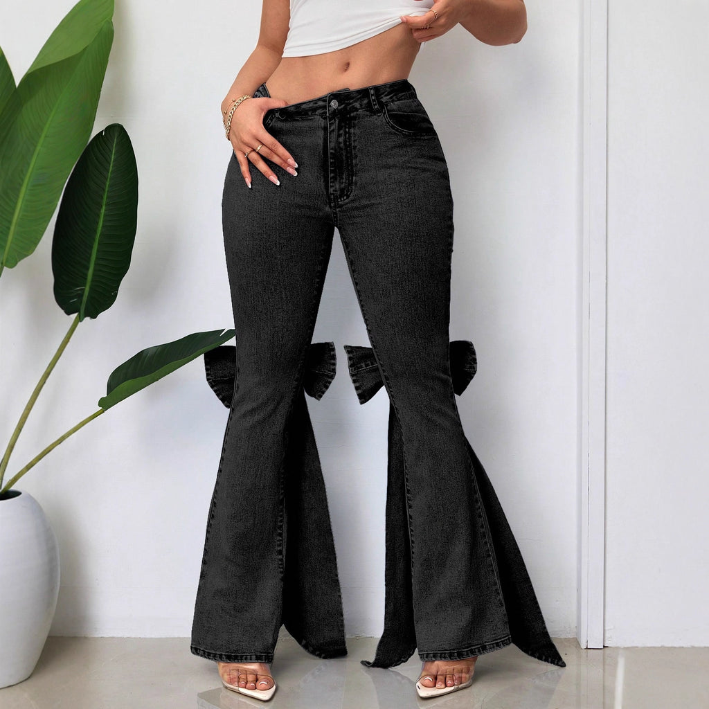 Retro Three Dimensional Bow Slim Fit Elastic Mop Denim Bell Bottom Pants