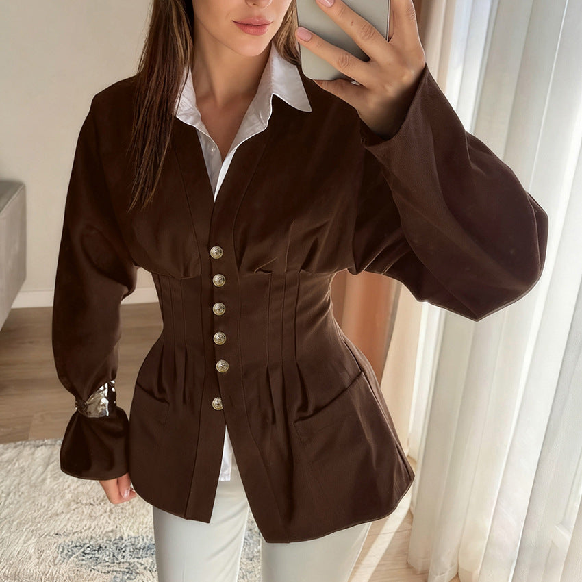 Design Slim Fit Waist Retro Pleated Slimming Cardigan Women Early Autumn Thin Coat