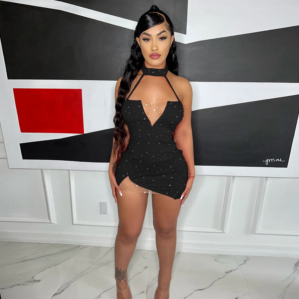 Summer Women Clothing Sexy Tight Halter Rhinestone Dress Short Women