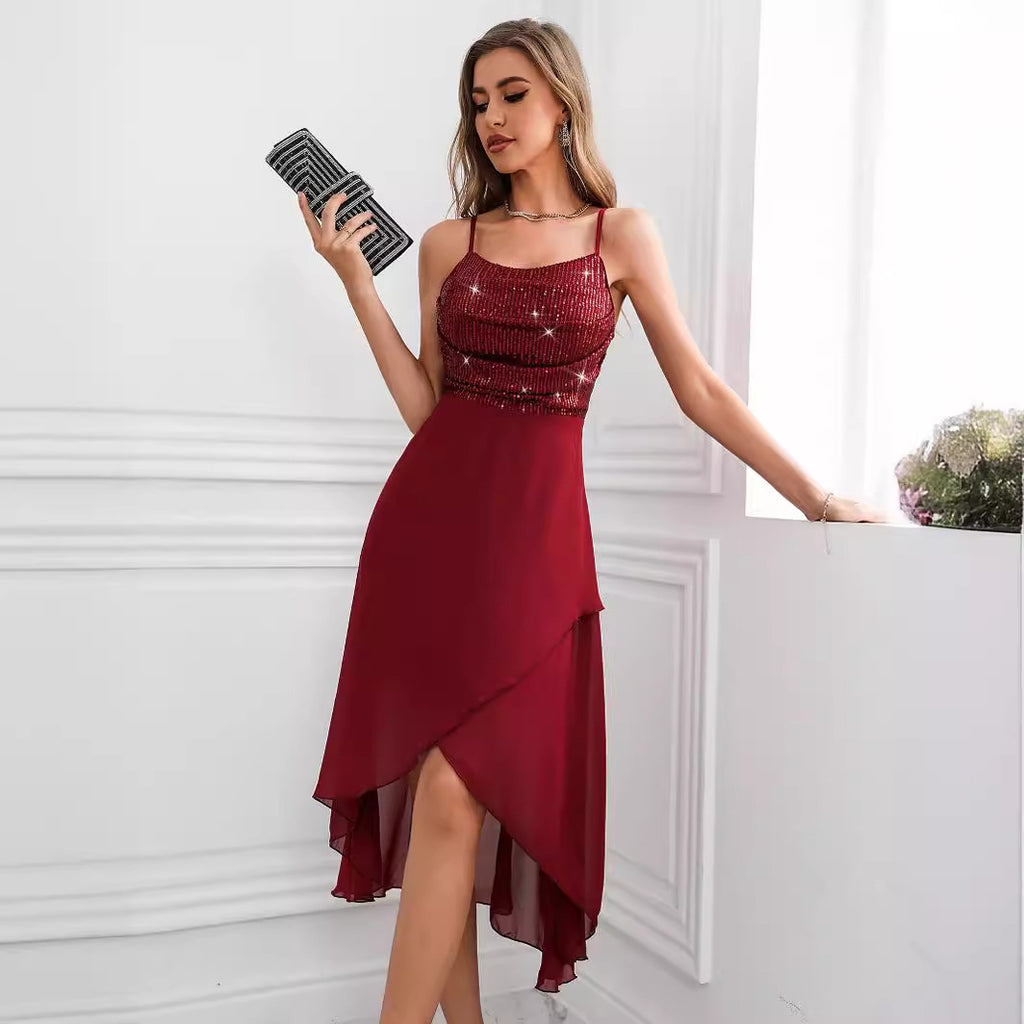 Sexy Sequined Suspender Chiffon Patchwork Dress Women Clothing Evening Dress