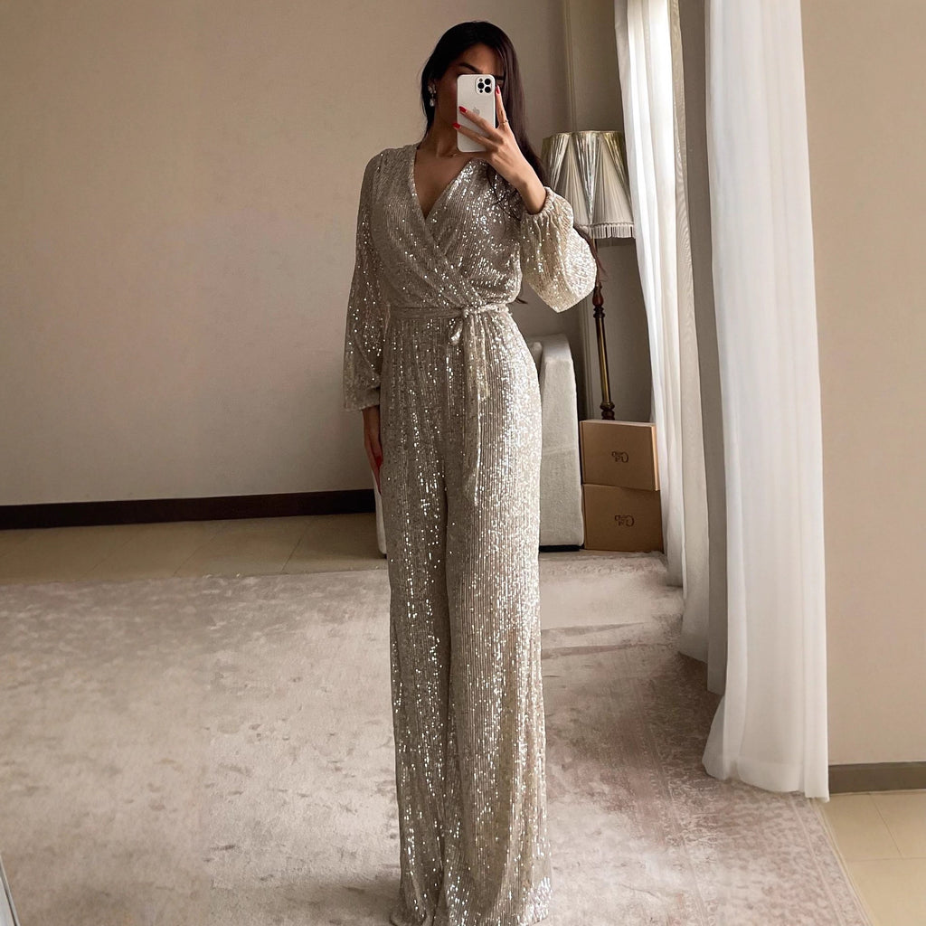 Solid Color V neck Long Sleeve Shiny Crystal Sequin Fitted Waist Jumpsuit Autumn
