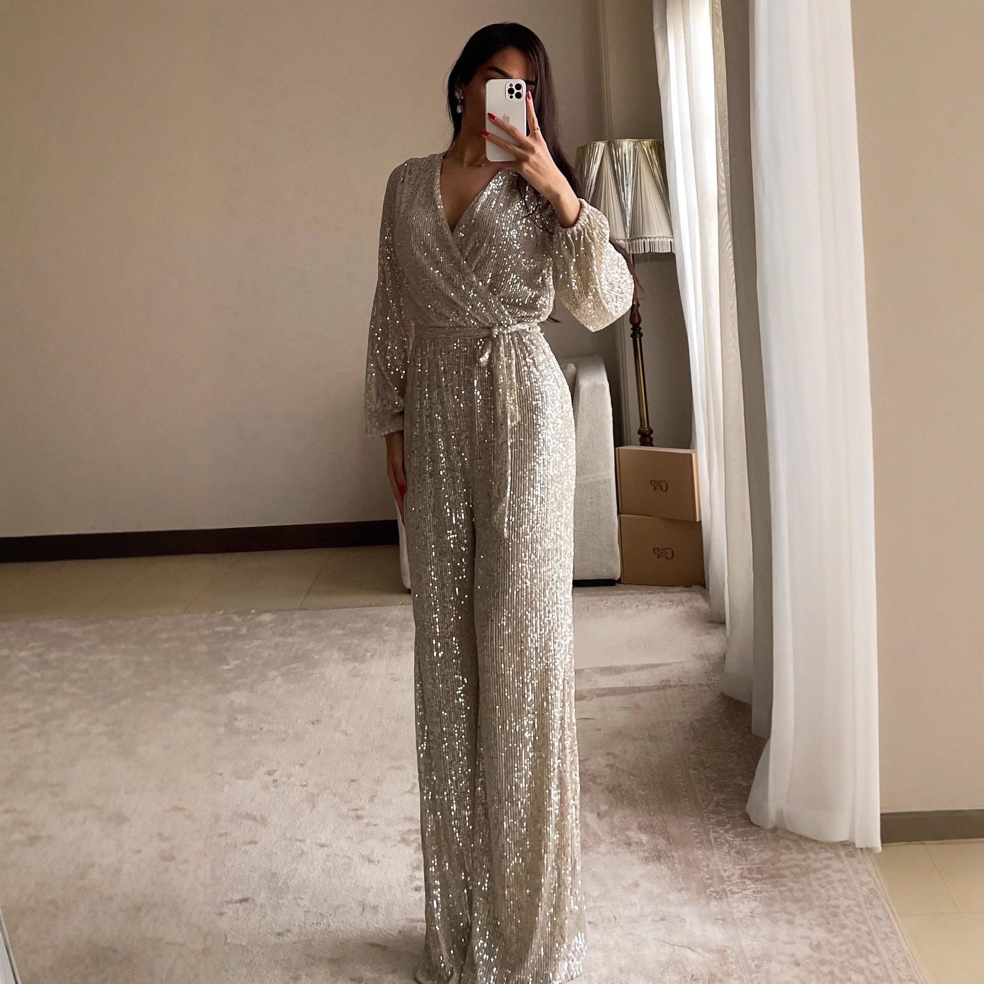 Solid Color V neck Long Sleeve Shiny Crystal Sequin Fitted Waist Jumpsuit Autumn