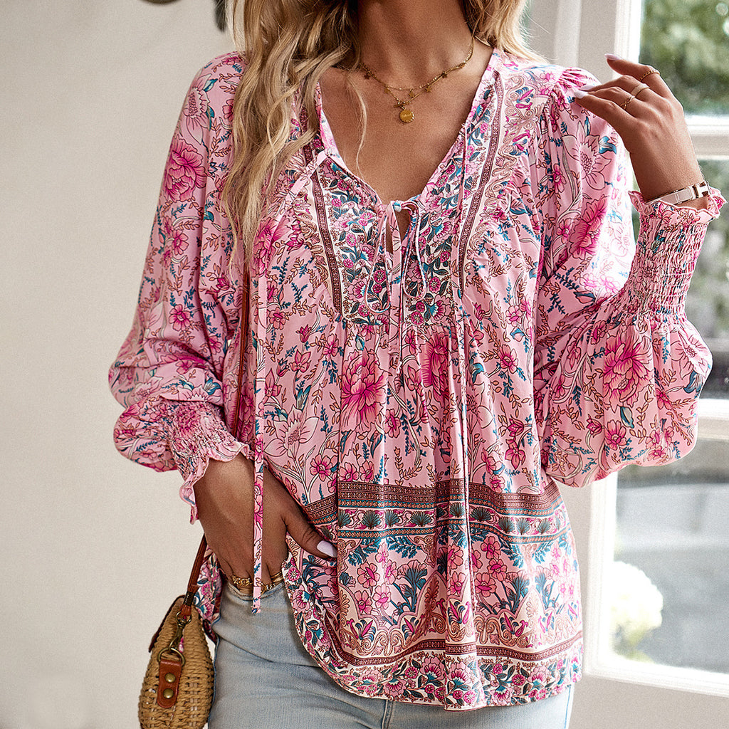 Printed Shirt Women Autumn V neck Long Sleeve Top