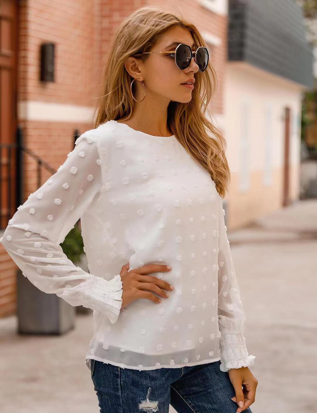 Arrival round Neck Jacquard Chiffon Shirt Loose Women Commuting Wear Autumn Long Sleeved Top