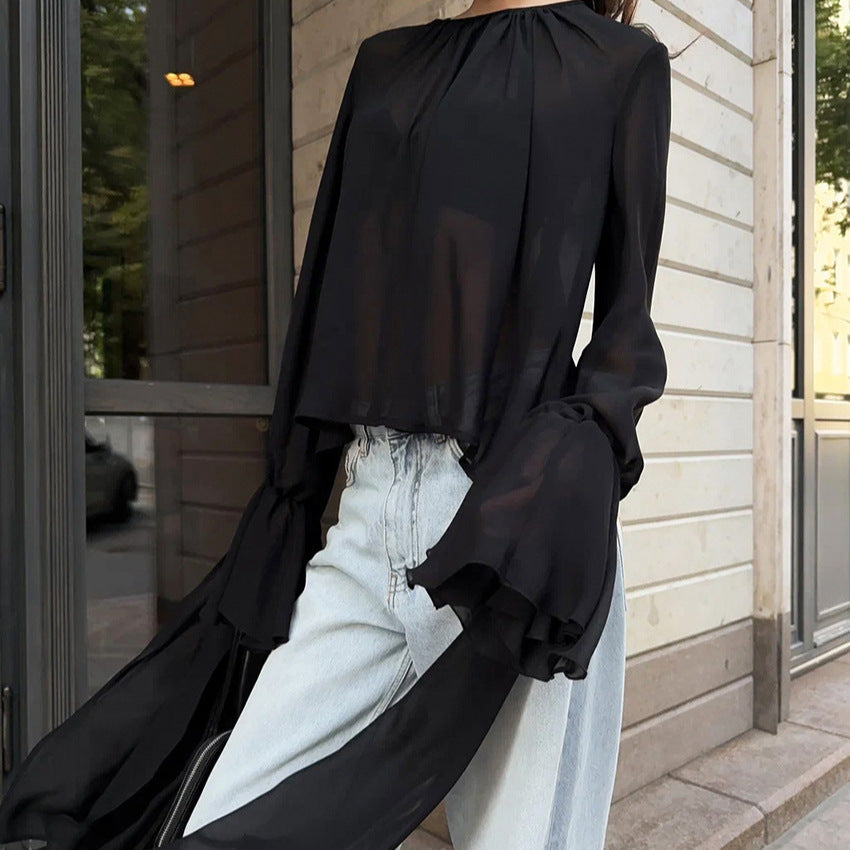 Chiffon Shirt Women Black Mesh Irregular Asymmetric Niche Design round Neck Ruffle Sleeve Long Sleeve Top