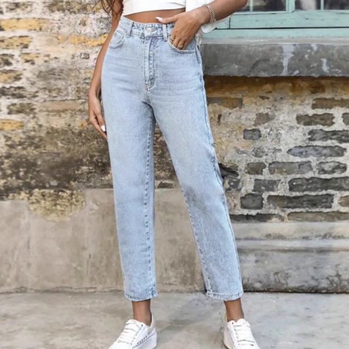 Women High Waist Casual All Matching Straight Jeans