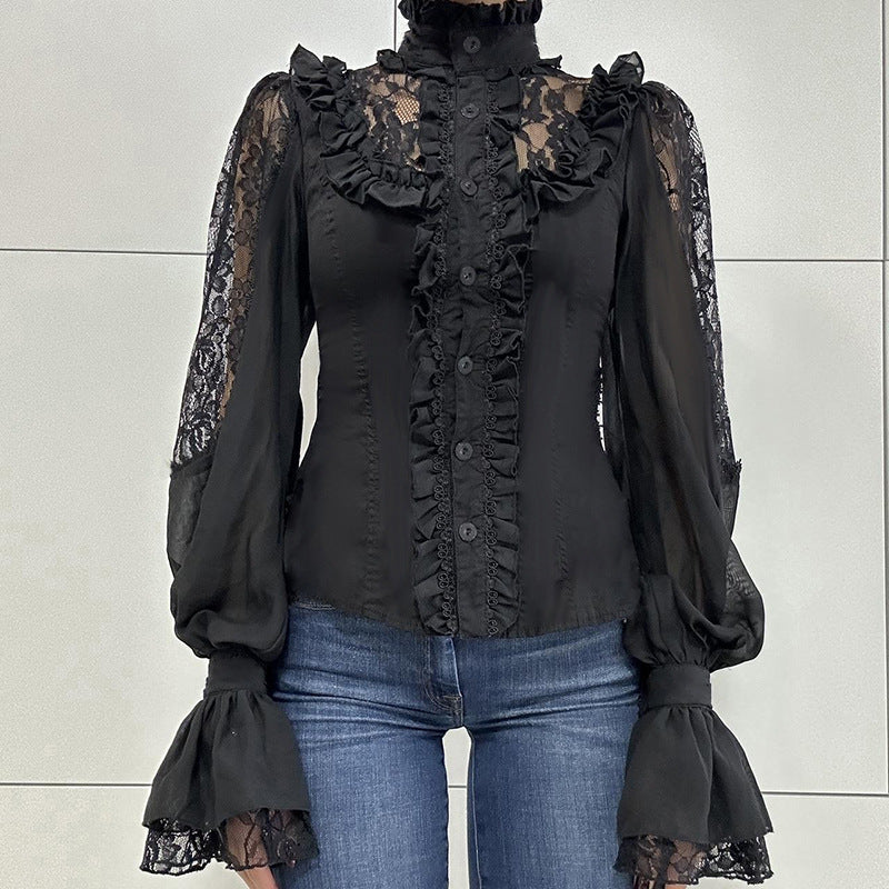 Women Clothing Street Dark Palace Lace Stitching Lace Small Turtleneck Waist Controlled Slimming Long Sleeve Shirt