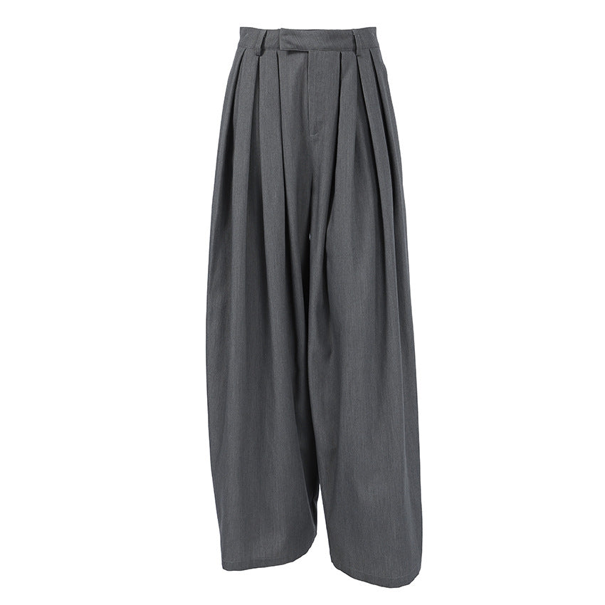 French Office Pleated Gray Work Pant Women Autumn Casual Loose All Matching Wide Leg Trousers