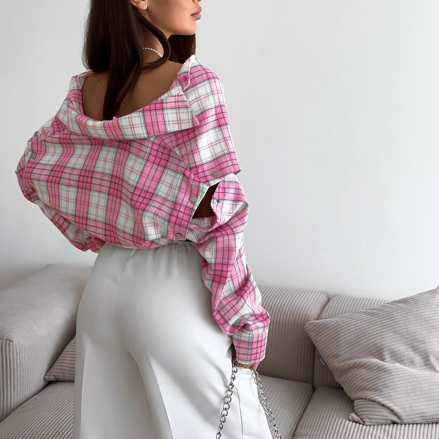 Pink Plaid Shirt Women Loose Shirt Detachable Long Sleeve Collared Outer Tops