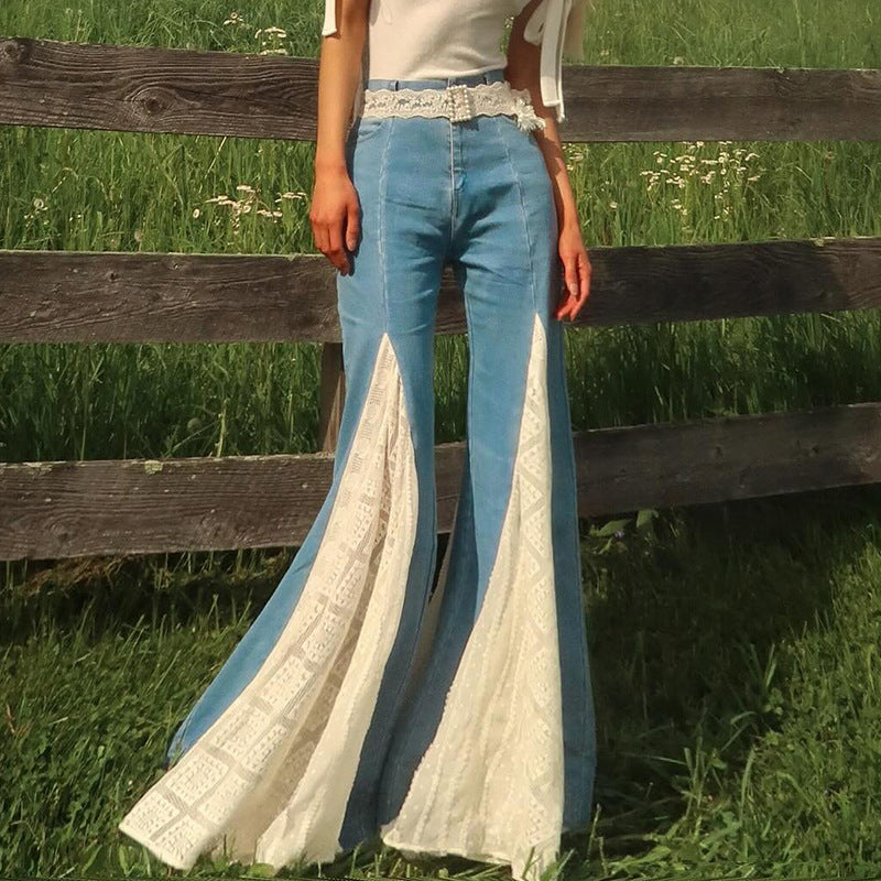 Women Lace Stitching Contrast Color Retro Bell Bottom Pants Tall Slimming High Waist Jeans Women