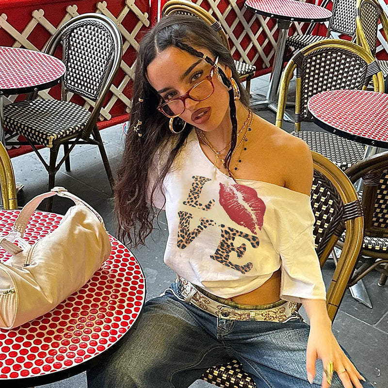Personalized Street Women T shirt Oblique Shoulder Big Neckline Leopard Print Letter Graphic Jacket Summer Short Sleeve