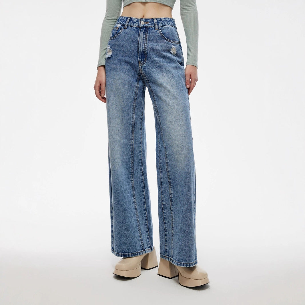 Women Autumn Wide Leg Retro Denim Trousers