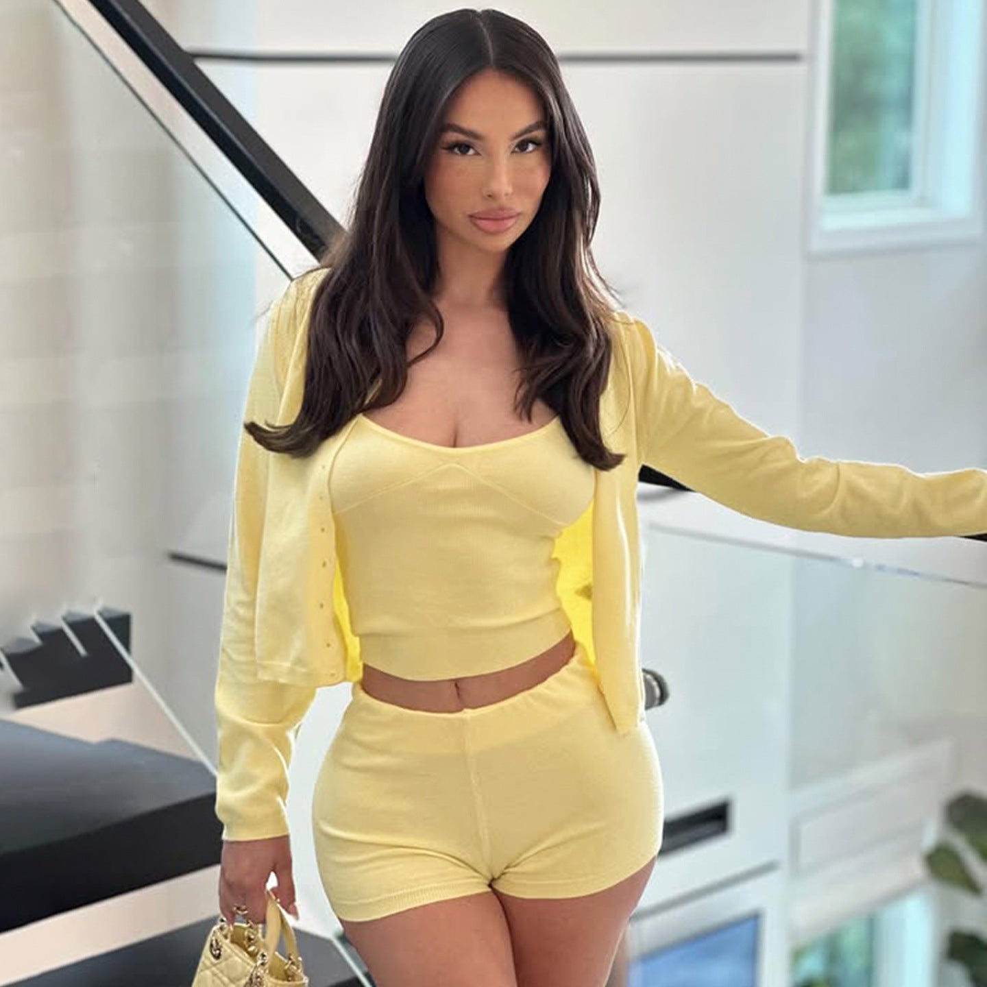 Women Clothing Solid Color Casual Street Sports Suspender Shorts Cardigan Three Piece Sets