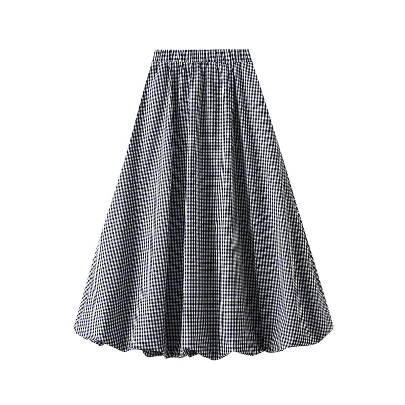 Japanese Plaid Bud Umbrella Skirt Women Spring Summer High Waist A line Skirt Mid Length Lantern