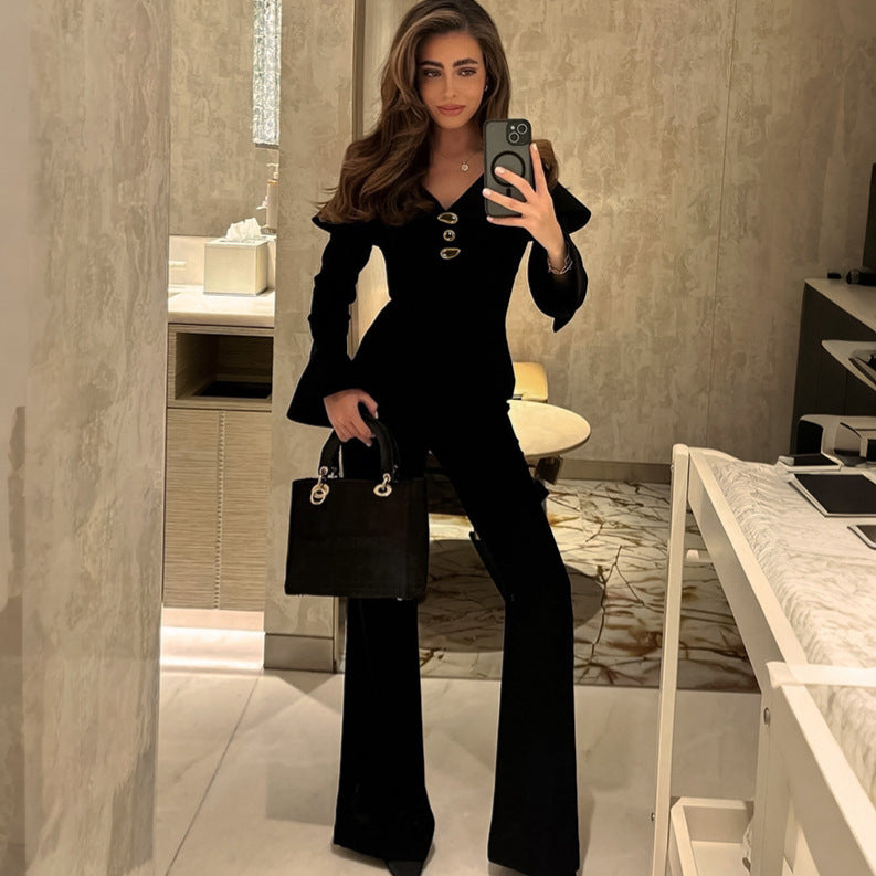 Autumn Winter Retro Black Sexy V neck Slim Top Waist Controlled Bell Bottom Pants Elegant Elegant Set for Women