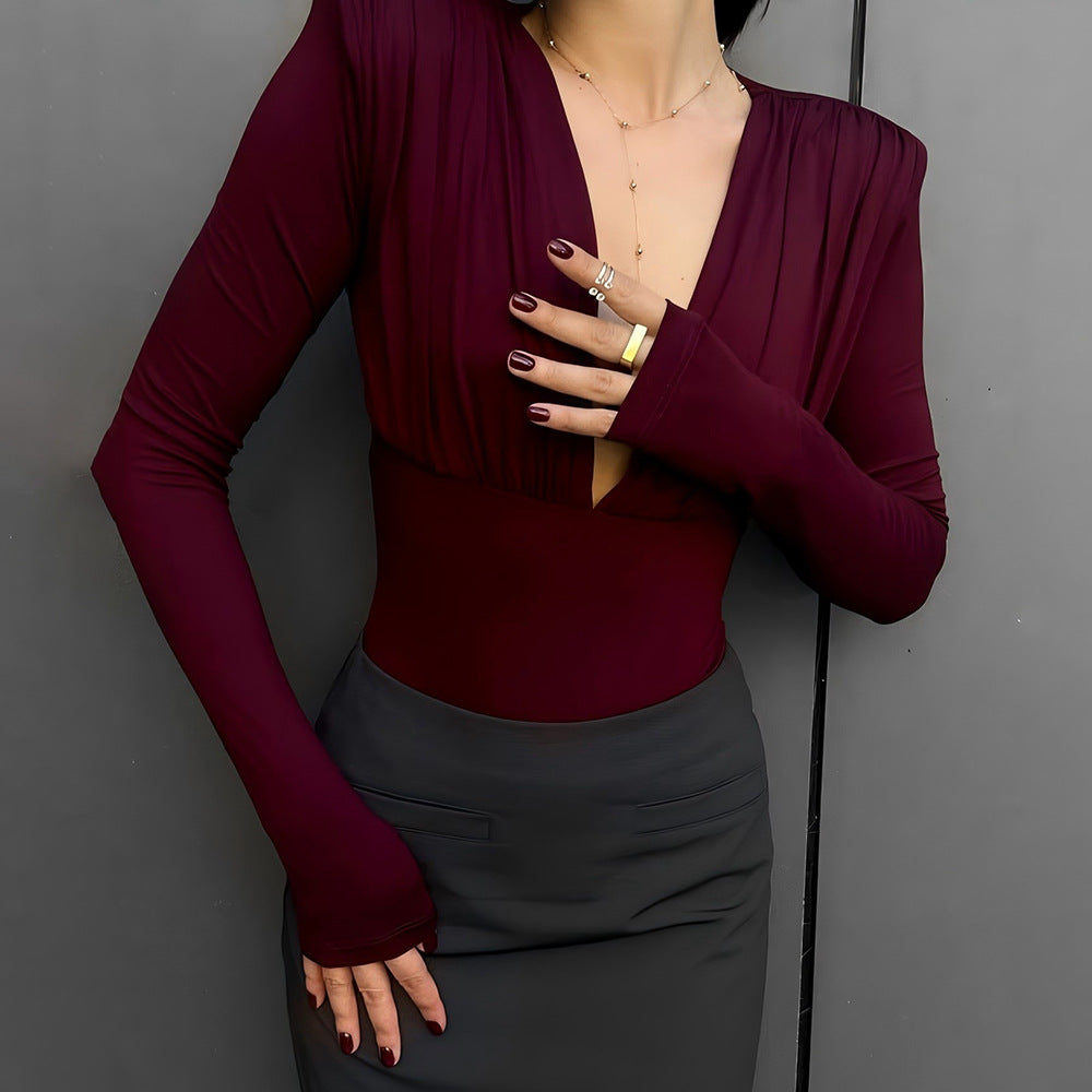 Women Deep V Plunge neck Long Sleeved Bottoming Shirt Fashionable All Match Elegant Bodycon Jumpsuit Autumn