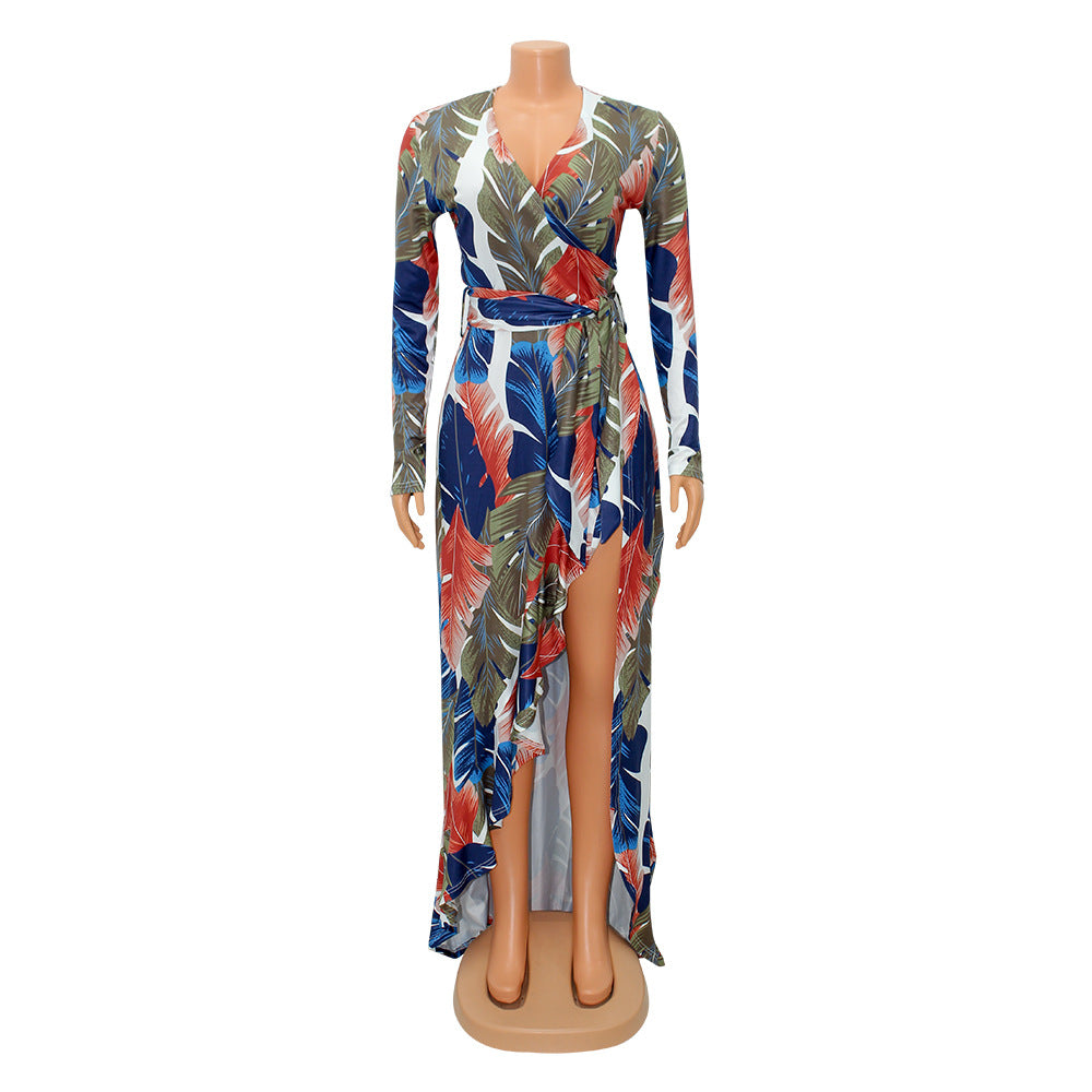 Women Clothing Sexy V-neck Split Irregular Asymmetric Long Sleeve Dress