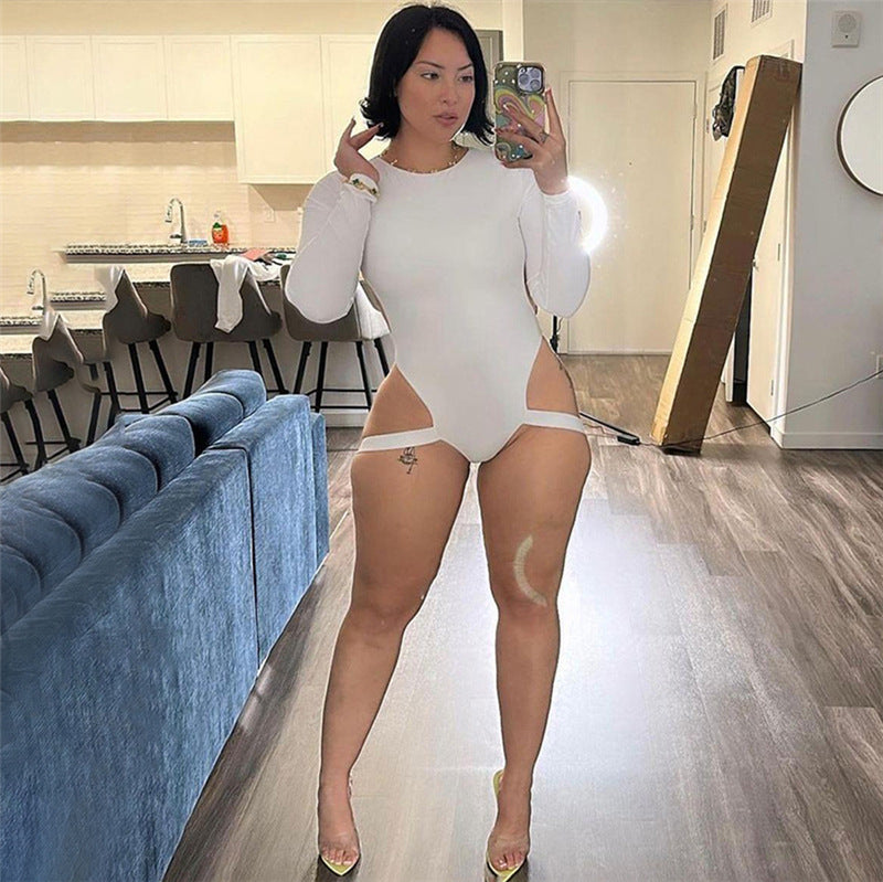 Summer Sexy Tight Solid Color Backless Bottoming Casual Long Sleeve Jumpsuit Women