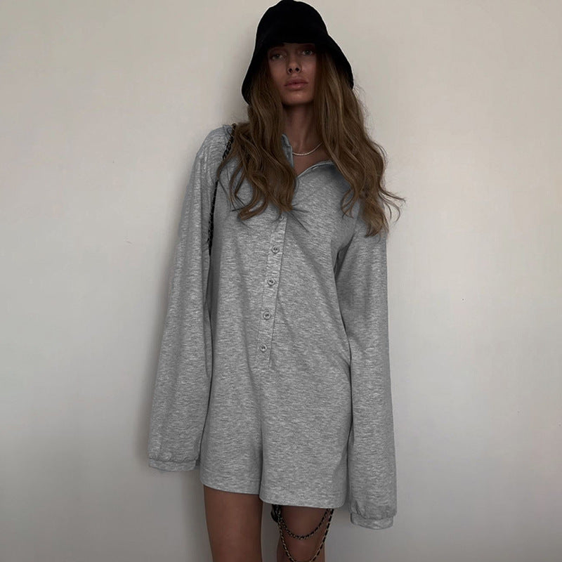 Casual Loose Breasted Jumpsuit Solid Color Simple Collared Basic Outer Wear Street Long Sleeve Jumpsuit Women