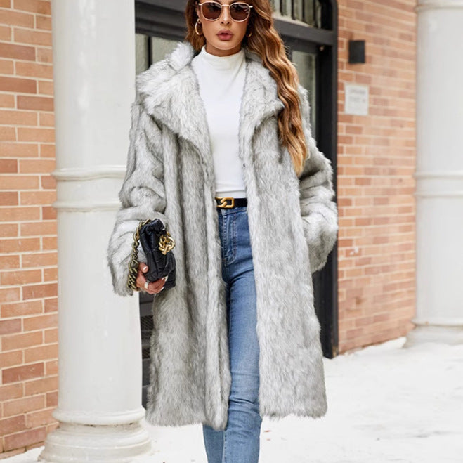 Autumn Winter Collar Long Ladies Faux Fur Coat Top Plush Coat