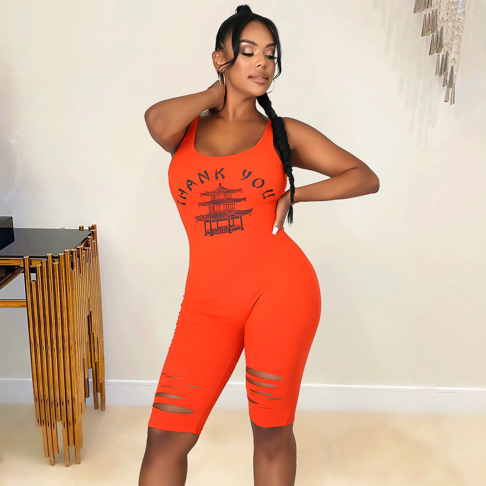 Summer Women Clothing Sports Casual Printed Hollow-out Ripped for Women Romper