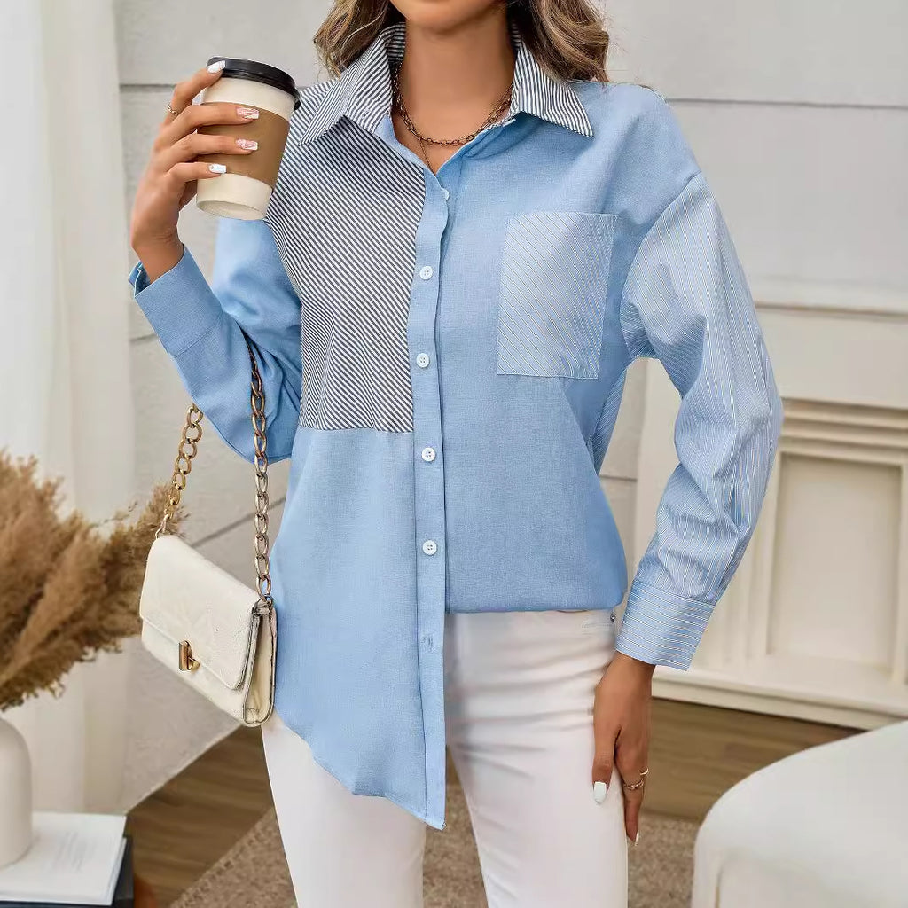 Women Clothing Autumn Striped Stitching Open Women Shirt