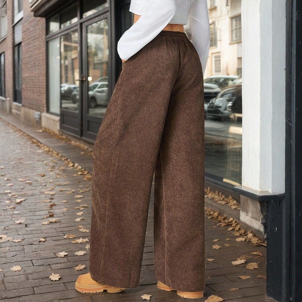 Women Clothing Dark Brown Loose Casual Pants Autumn Winter Draping Elastic Waist Wide Leg Slimming Trousers