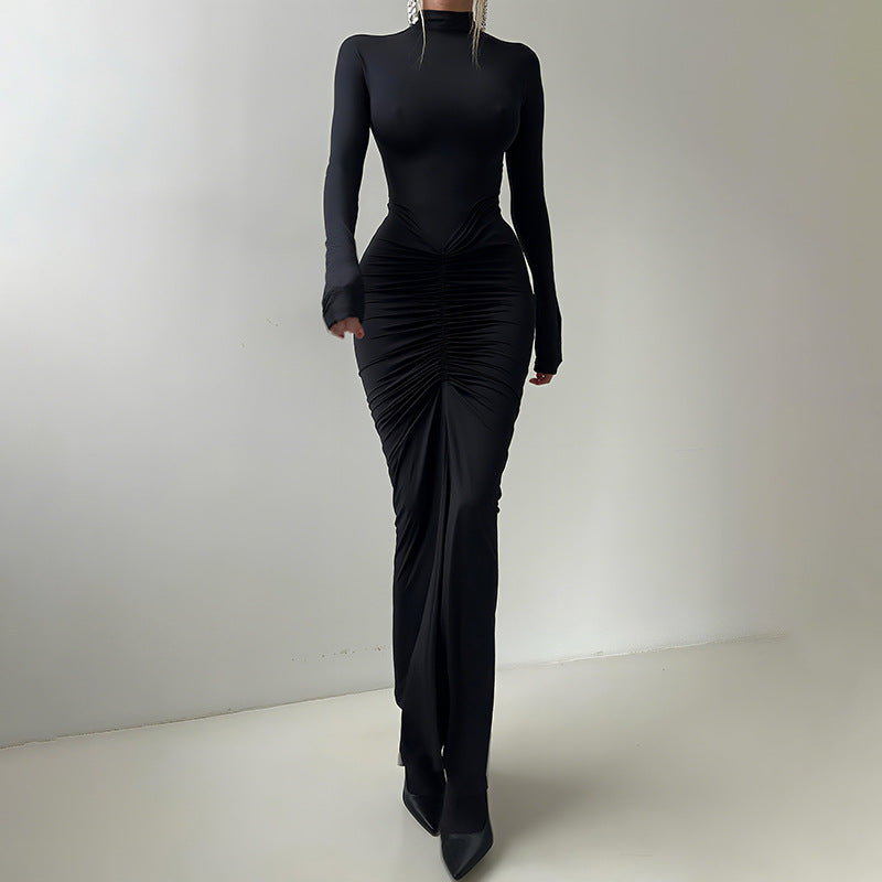 Women Clothing Autumn Solid Color Elegant Slim Slimming Pleated Turtleneck Long Sleeve Dress