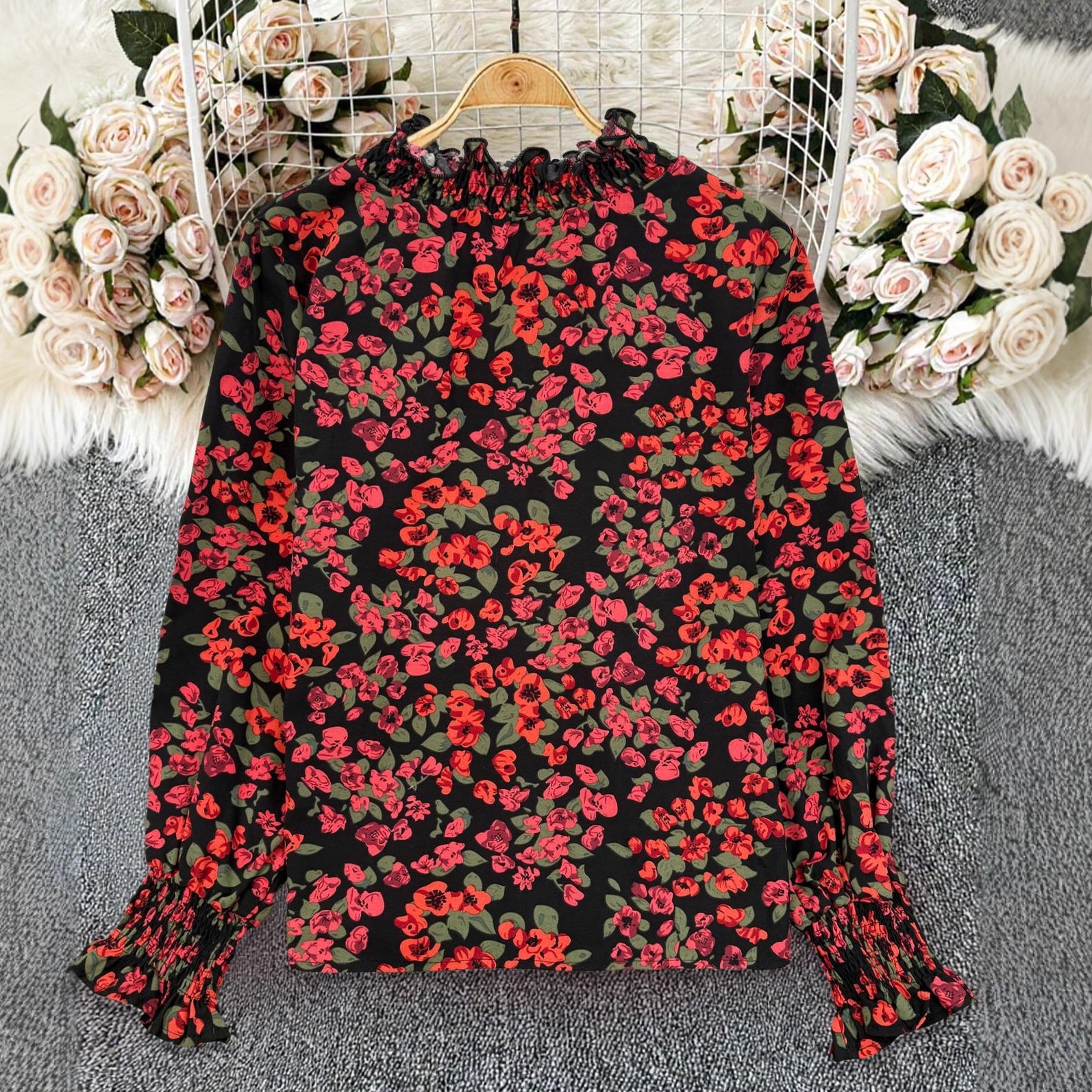 Long Sleeve Shirt Slimming Retro Wooden Ear Printed Shirt Graceful Fashionable Top