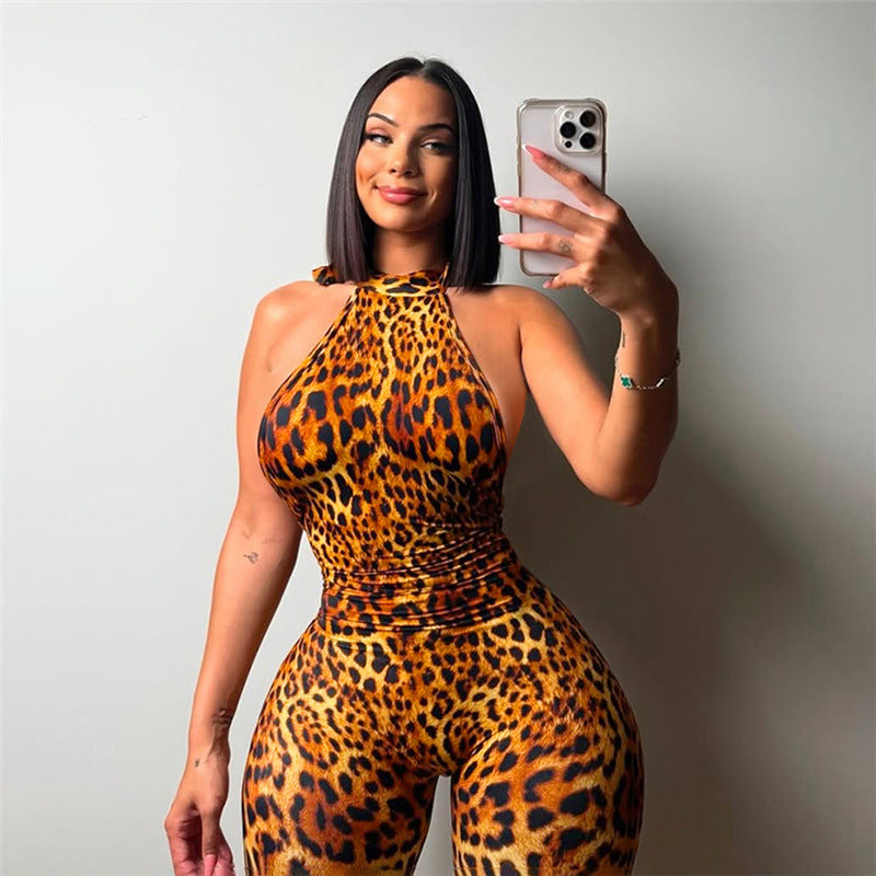 Summer Sexy Backless Halter Lace up Leopard Print Hip Raise Skinny Jumpsuit for Women