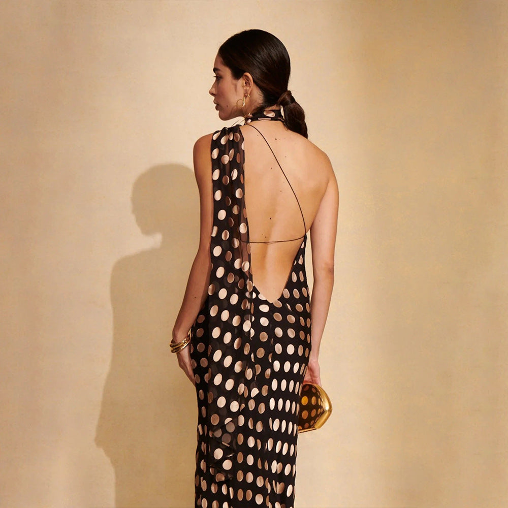 Summer Women Dress Elegant Halter Backless Polka Dot Chiffon Slim Fit Maxi Dress